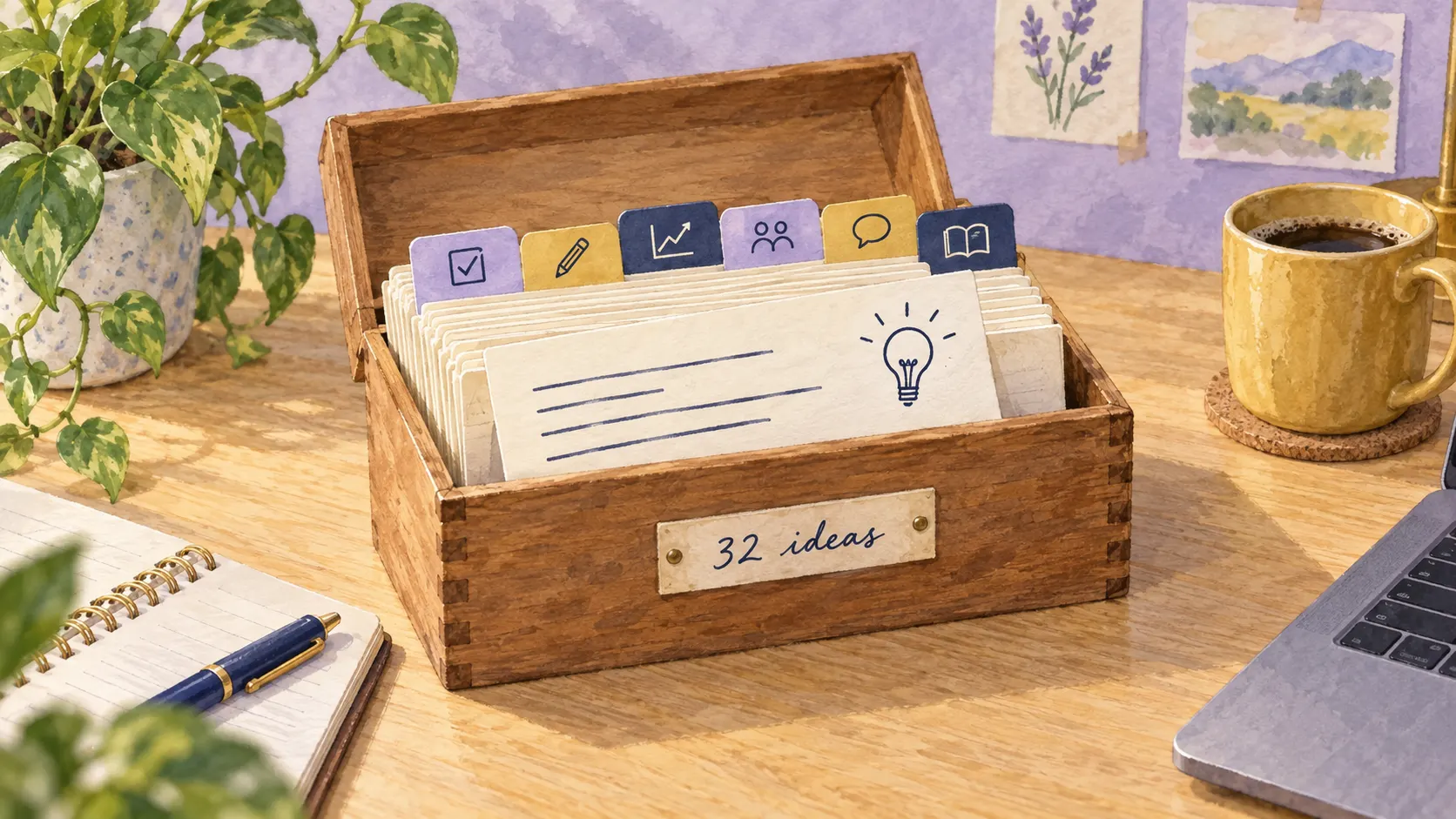 A watercolor wooden recipe box labeled 32 ideas, full of index cards with six icon tabs and one card with a lightbulb pulled out.