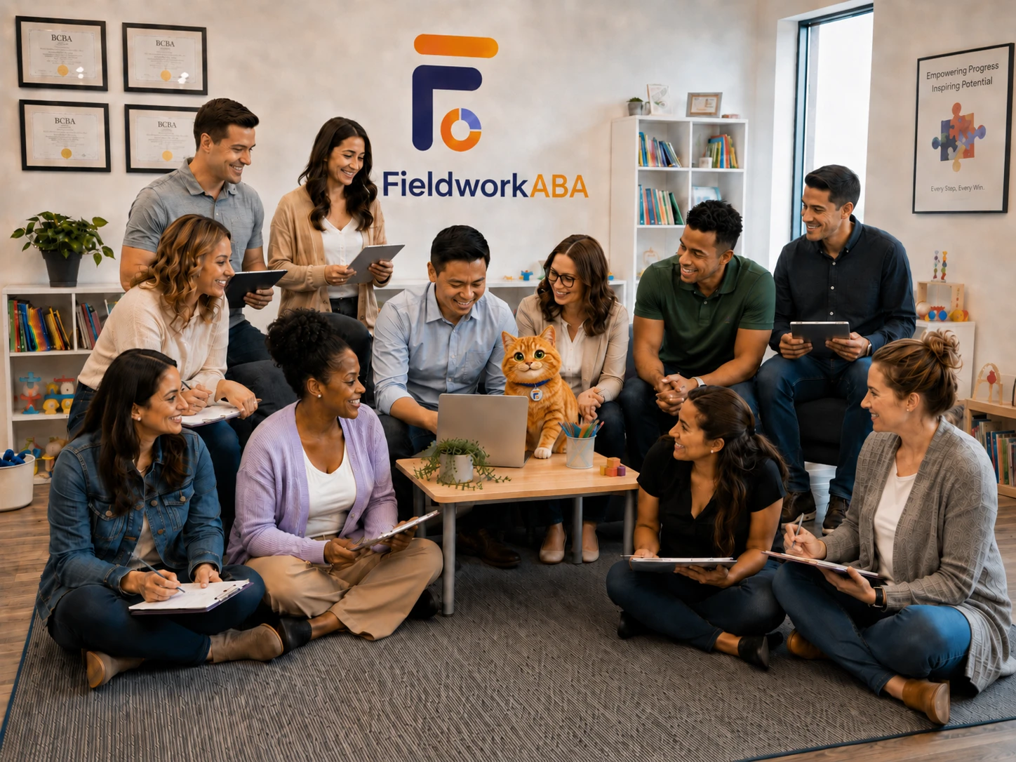 Muffins pulling fieldwork records, signed forms, spreadsheets, and monthly totals into FieldworkABA
