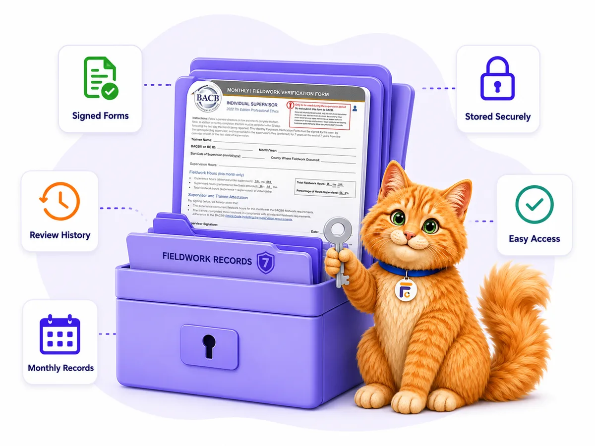 7-year fieldwork record storage in FieldworkABA — signed forms, review history, and monthly records kept secure and easy to access